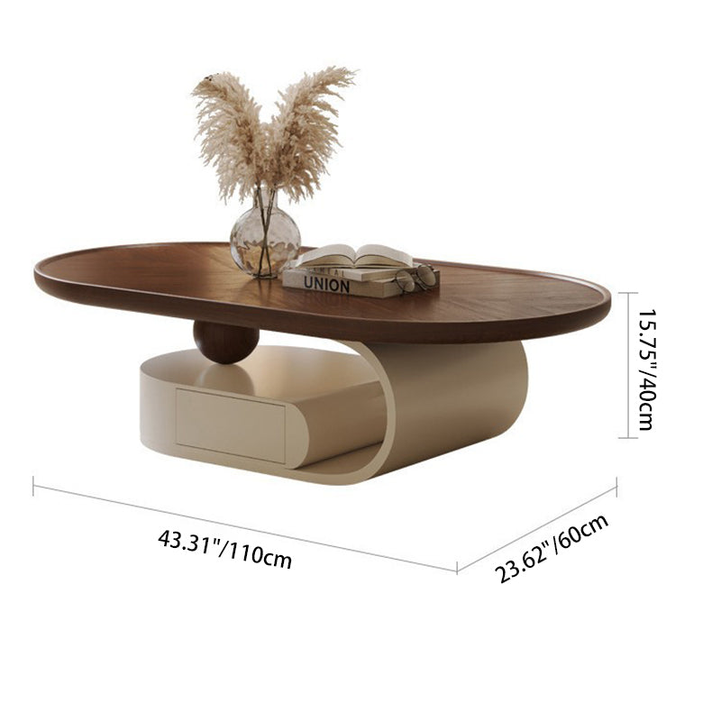 Mesa de centro elíptica de madera maciza nórdica contemporánea con vetas de madera y 1 cajón para sala de estar 