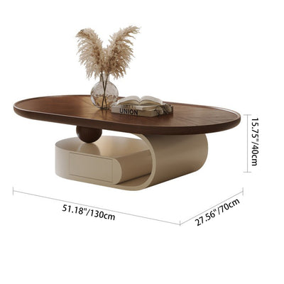 Mesa de centro elíptica de madera maciza nórdica contemporánea con vetas de madera y 1 cajón para sala de estar 