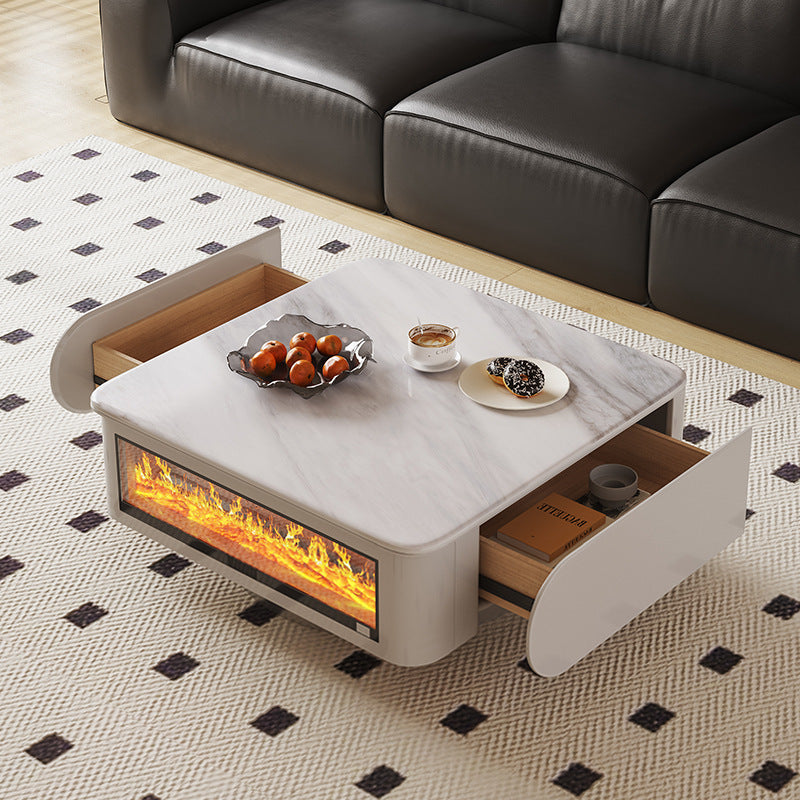 Contemporary Creative Microcrystalline Wood Stainless Steel Square Flame Coffee Table 2-Drawer Rotatable For Living Room