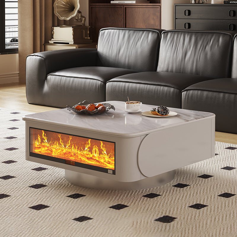 Contemporary Creative Microcrystalline Wood Stainless Steel Square Flame Coffee Table 2-Drawer Rotatable For Living Room