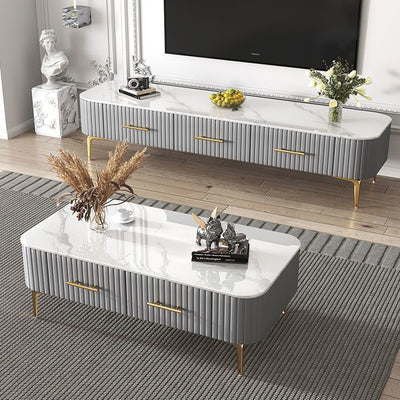 Contemporary Scandinavian Slab Leather Stainless Steel Rectangular Striped Coffee Table 2-Drawer For Living Room