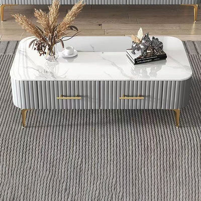 Contemporary Scandinavian Slab Leather Stainless Steel Rectangular Striped Coffee Table 2-Drawer For Living Room