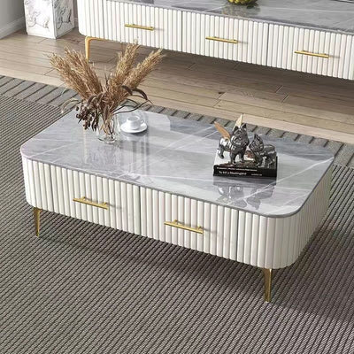 Contemporary Scandinavian Slab Leather Stainless Steel Rectangular Striped Coffee Table 2-Drawer For Living Room