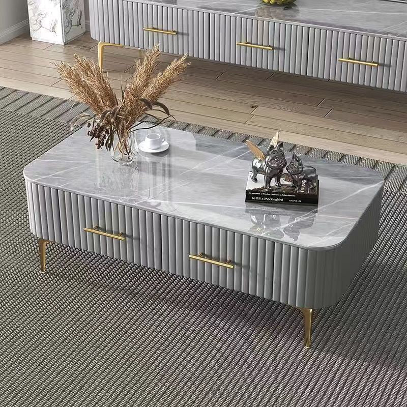 Contemporary Scandinavian Slab Leather Stainless Steel Rectangular Striped Coffee Table 2-Drawer For Living Room