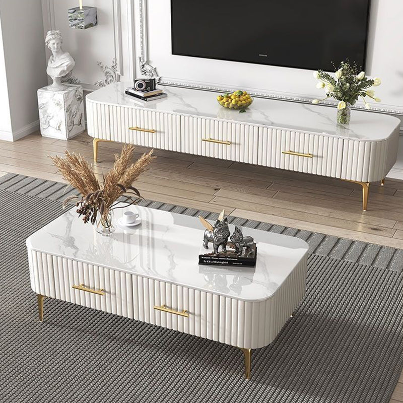 Contemporary Scandinavian Slab Leather Stainless Steel Rectangular Striped Coffee Table 2-Drawer For Living Room