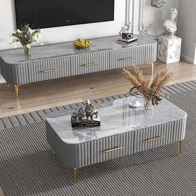 Contemporary Scandinavian Slab Leather Stainless Steel Rectangular Striped Coffee Table 2-Drawer For Living Room