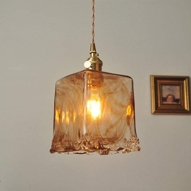 Contemporary Retro Brass Geometric Square Amber Glass Shade 1-Light Pendant Light For Living Room