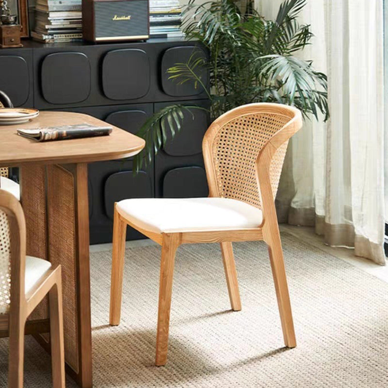 Contemporary Boho Rattan Leather Wood Dining Chair Backrest Armless For Dining Room