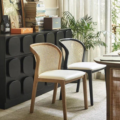 Contemporary Boho Rattan Leather Wood Dining Chair Backrest Armless For Dining Room