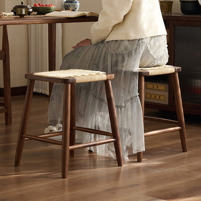 Contemporary Retro Kraft Paper Rope Cherry Wood Dining Chair Backless Armless For Dining Room