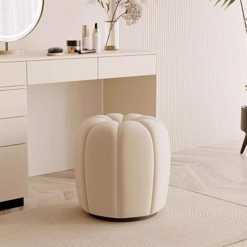 Contemporary Scandinavian Pumpkin Shape Flannelette Solid Wood Vanity Stool Backless Armless For Bedroom