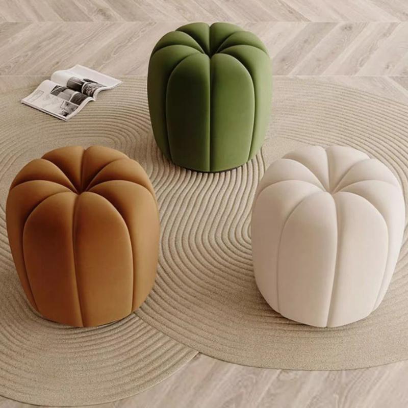 Contemporary Scandinavian Pumpkin Shape Flannelette Solid Wood Vanity Stool Backless Armless For Bedroom