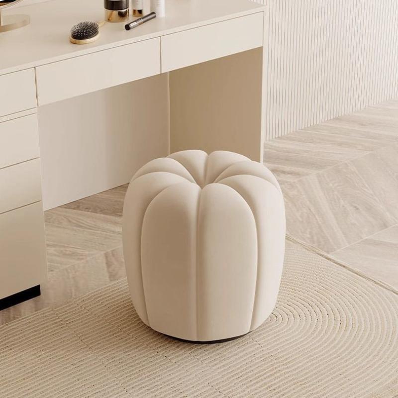 Contemporary Scandinavian Pumpkin Shape Flannelette Solid Wood Vanity Stool Backless Armless For Bedroom