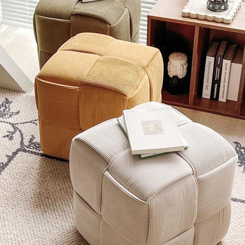 Contemporary Nordic Square Cube Corduroy Solid Wood Footstool Backless Armless For Living Room