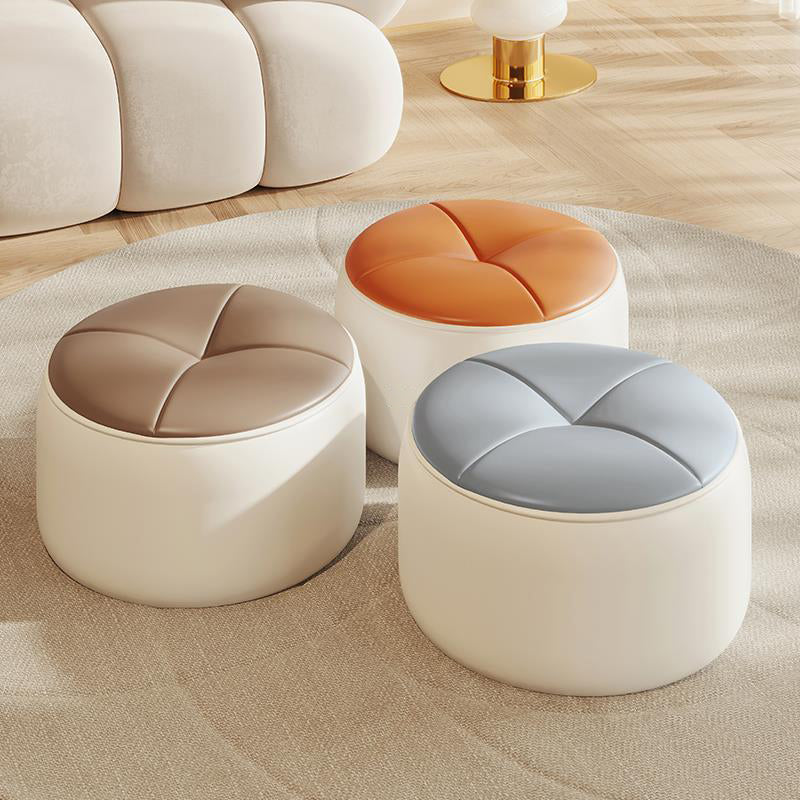 Contemporary Nordic Cylinder Pumpkin Shape Leather Solid Wood Footstool For Living Room