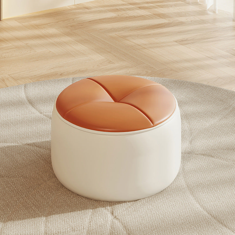 Contemporary Nordic Cylinder Pumpkin Shape Leather Solid Wood Footstool For Living Room