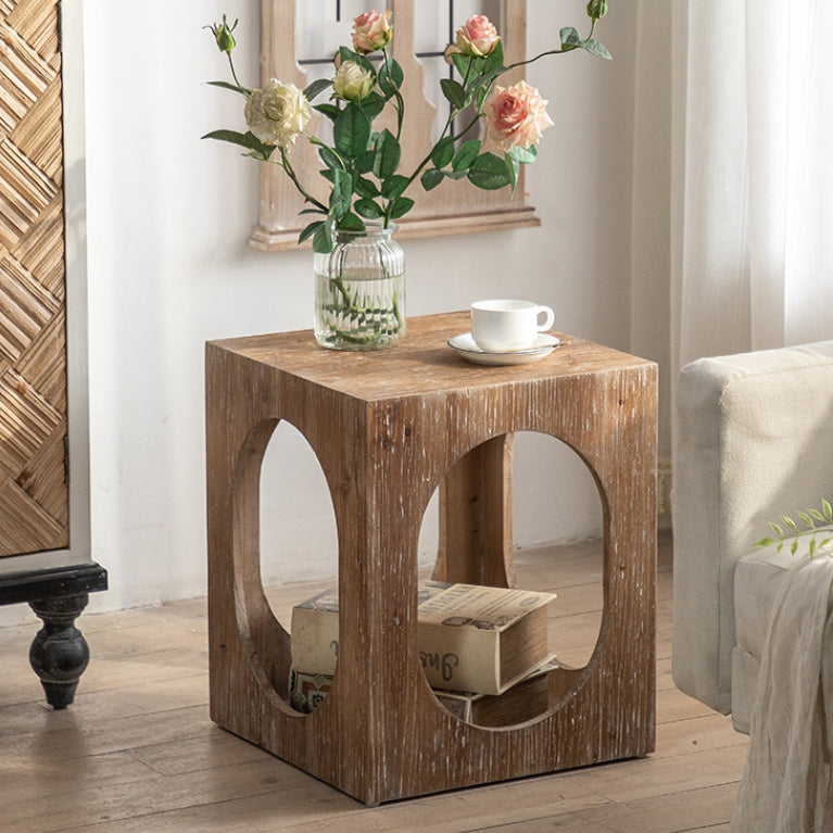 Traditional Rustic Wood Cube Square Side Table 1 - Cabinet For Living Room