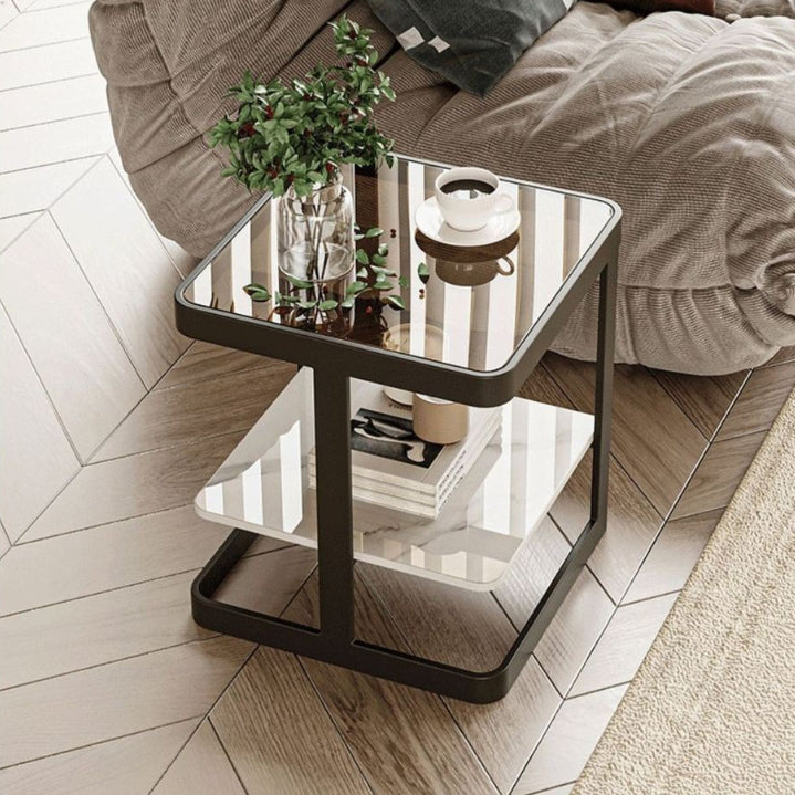 Contemporary Nordic Square Iron Glass Coffee Table 2 - Tier For Living Room