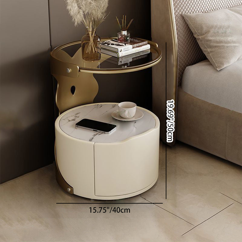 Contemporary Nordic Round Glass Sintered Stone Nightstand 1 - Drawer For Bedside