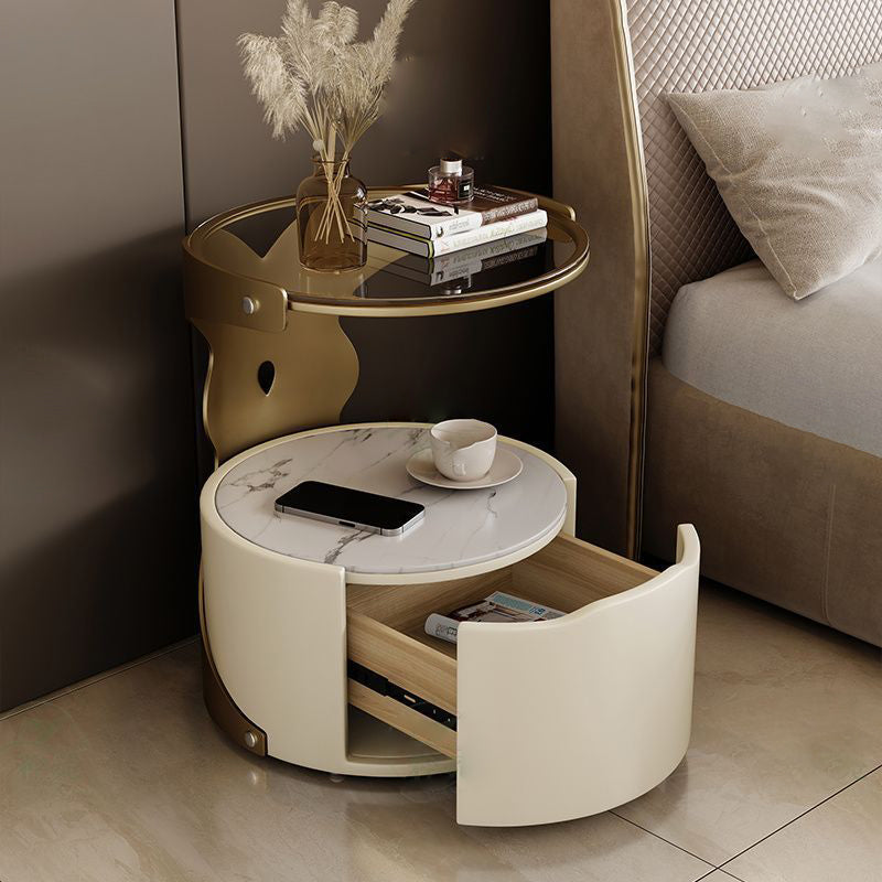 Contemporary Nordic Round Glass Sintered Stone Nightstand 1 - Drawer For Bedside