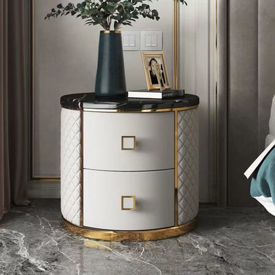 Contemporary Nordic Round Medium Density Fiberboard Marble Nightstand 2 - Drawer For Bedside