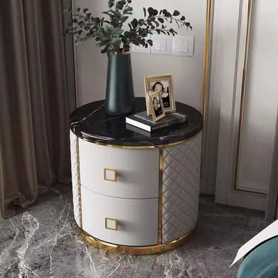 Contemporary Nordic Round Medium Density Fiberboard Marble Nightstand 2 - Drawer For Bedside