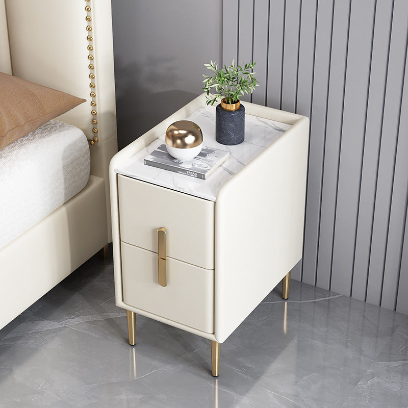 Contemporary Nordic Pine Leather Sintered Stone Nightstand 2 - Drawer For Bedroom