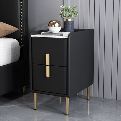 Contemporary Nordic Pine Leather Sintered Stone Nightstand 2 - Drawer For Bedroom