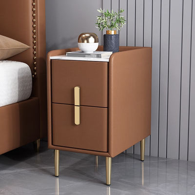 Contemporary Nordic Pine Leather Sintered Stone Nightstand 2 - Drawer For Bedroom