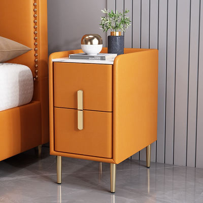 Contemporary Nordic Pine Leather Sintered Stone Nightstand 2 - Drawer For Bedroom