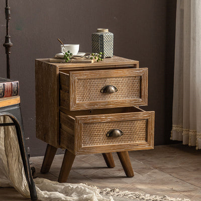 Traditional Rustic Cube Square Chinese Fir Side Table 2 - Drawer For Living Room