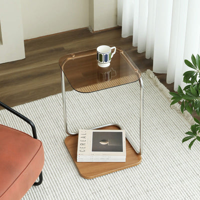 Modern Simplicity Square Glass Medium Density Fiberboard Stainless Steel Side Table 2 - Tier For Living Room