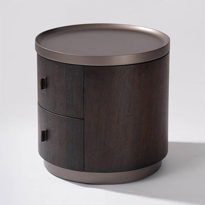 Modern Art Deco Cylinder Smoked Wood Stainless Steel Nightstand 2 - Drawer For Bedroom