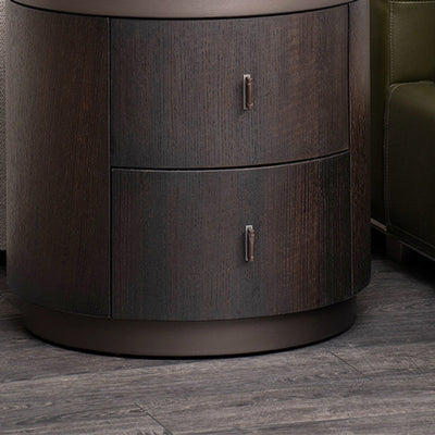 Modern Art Deco Cylinder Smoked Wood Stainless Steel Nightstand 2 - Drawer For Bedroom