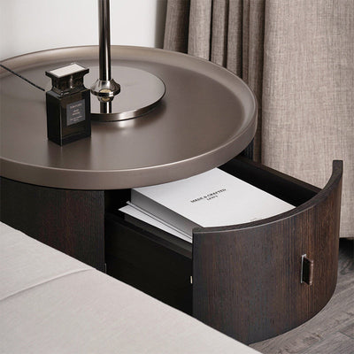 Modern Art Deco Cylinder Smoked Wood Stainless Steel Nightstand 2 - Drawer For Bedroom