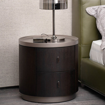 Modern Art Deco Cylinder Smoked Wood Stainless Steel Nightstand 2 - Drawer For Bedroom