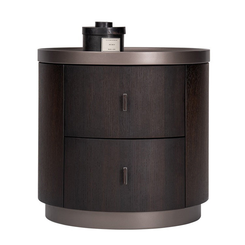 Modern Art Deco Cylinder Smoked Wood Stainless Steel Nightstand 2 - Drawer For Bedroom