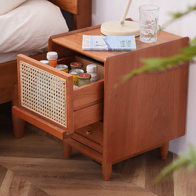 Traditional Rustic Square Cube Cherry Wood Rattan Nightstand 2 - Drawer For Bedroom