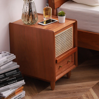 Traditional Rustic Square Cube Cherry Wood Rattan Nightstand 2 - Drawer For Bedroom