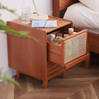 Traditional Rustic Square Cube Cherry Wood Rattan Nightstand 2 - Drawer For Bedroom