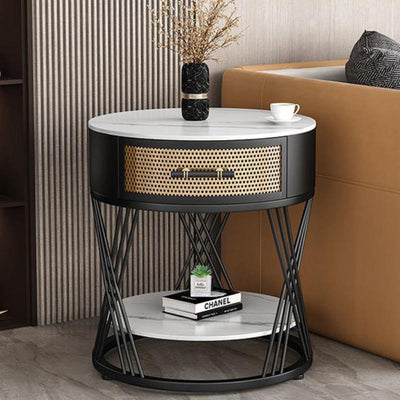 Contemporary Nordic Round Sintered Stone Iron Side Table 1 - Drawer For Living Room