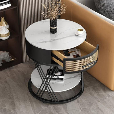 Contemporary Nordic Round Sintered Stone Iron Side Table 1 - Drawer For Living Room