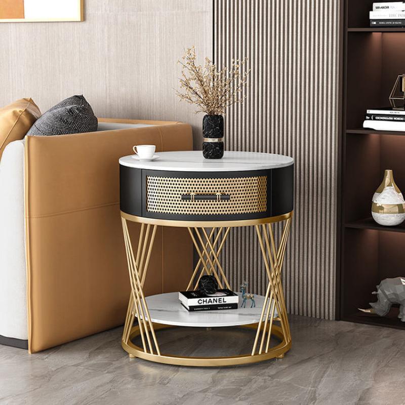 Contemporary Nordic Round Sintered Stone Iron Side Table 1 - Drawer For Living Room