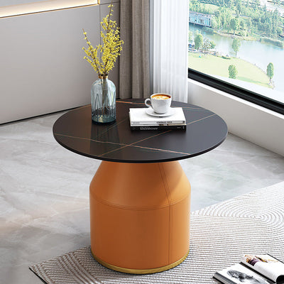 Contemporary Nordic Round Sintered Stone Leather Solid Wood Coffee Table 1 - Tier For Living Room