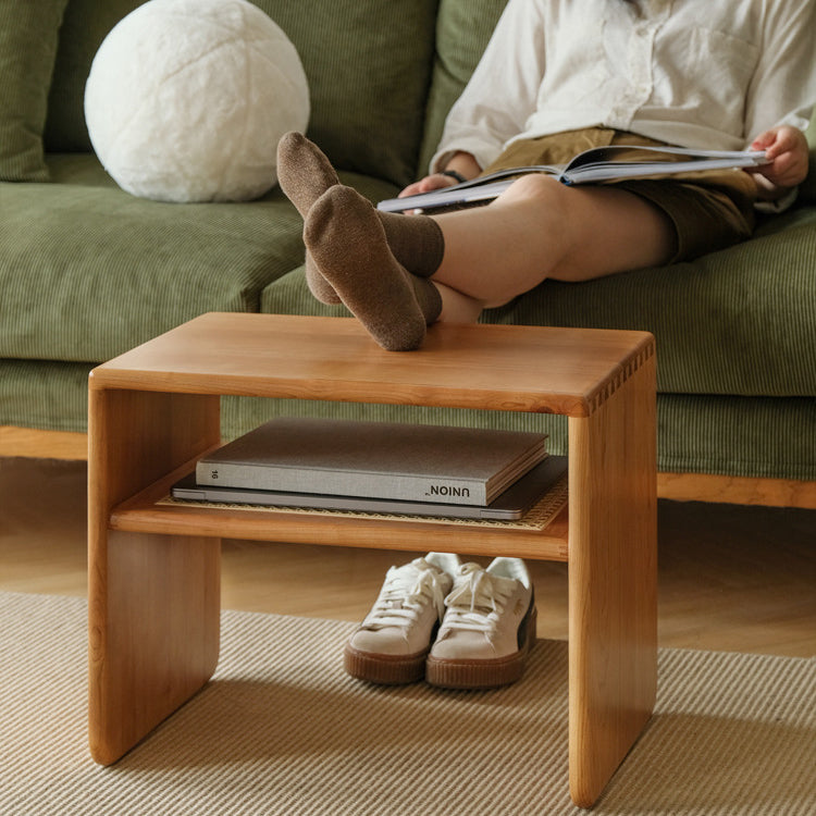 Contemporary Nordic Rectangular Cube Cherry Wood Rattan Side Table 2 - Tier For Living Room