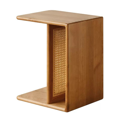 Contemporary Nordic Rectangular Cube Cherry Wood Rattan Side Table 2 - Tier For Living Room