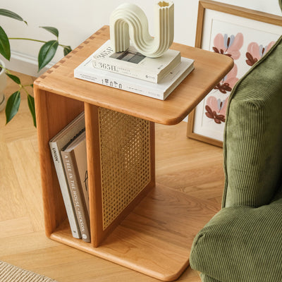 Contemporary Nordic Rectangular Cube Cherry Wood Rattan Side Table 2 - Tier For Living Room