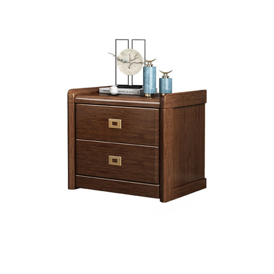 Traditional Chinese Square Cube Brass Walnut Nightstand 2 - Drawer For Bedroom