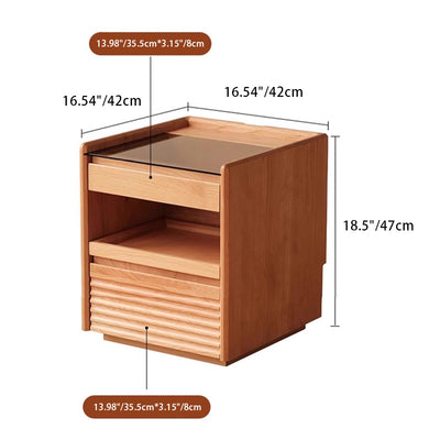 Traditioneller japanischer quadratischer Würfel-Nachttisch aus Kirschholz mit Glas, 2 Schubladen für das Schlafzimmer 