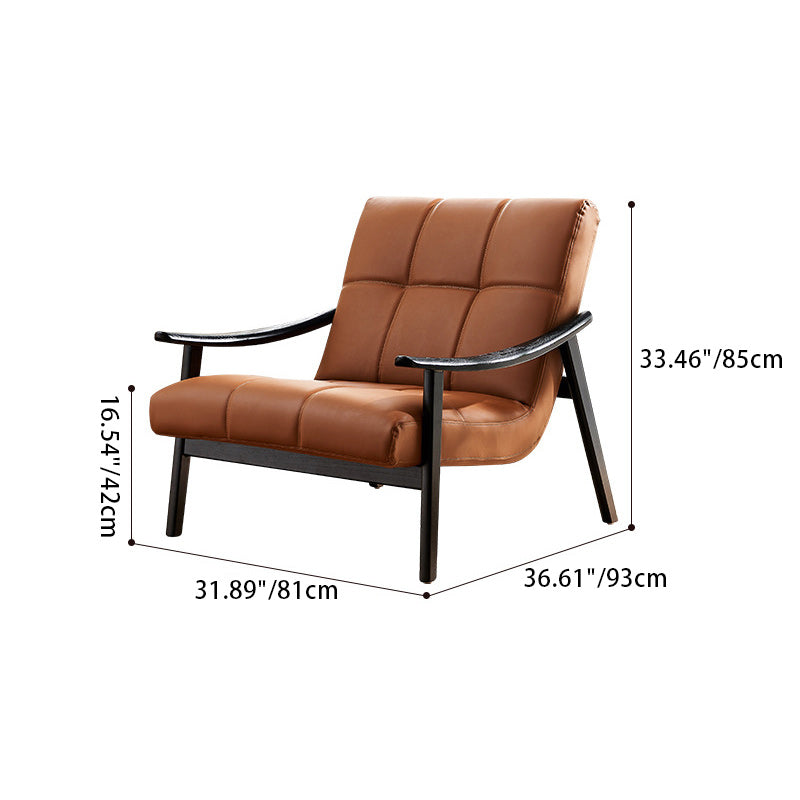 Contemporary Retro Rectangular Lattice Leather Wood Bracket Accent Chair Backrest Arm For Living Room